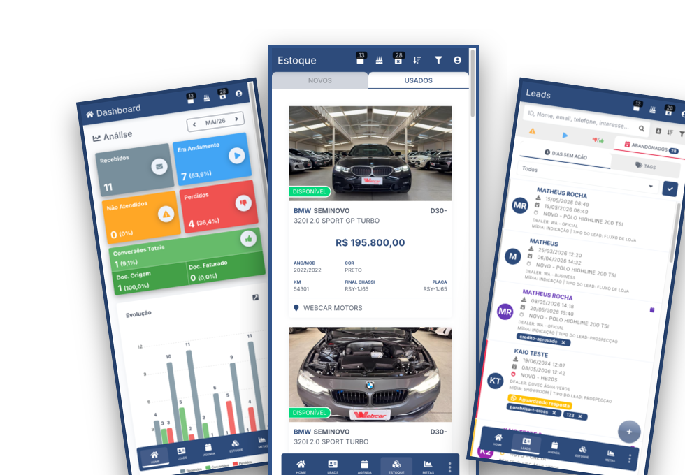Montagem de telas atualizadas do DuLeads com dashboard, estoque e leads no aplicativo